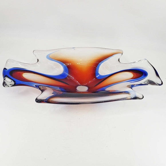 unmarked Other - Abstract Blue Red Orange Hand Blown Art Glass Bowl/Candy Dish Polished Pontil